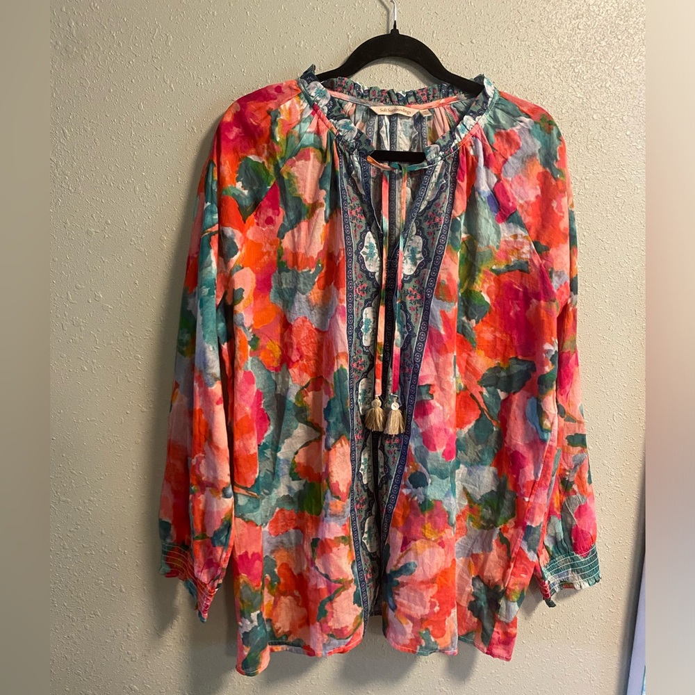 Soft Surroundings Boho Floral Tie-Front Blouse - Multicolor